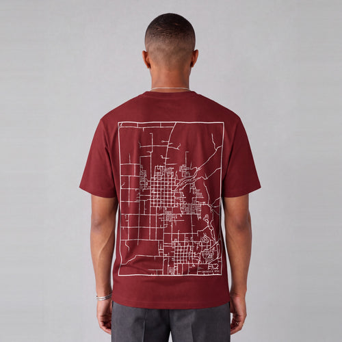 Smithfield map tee, back print on model - Maroon