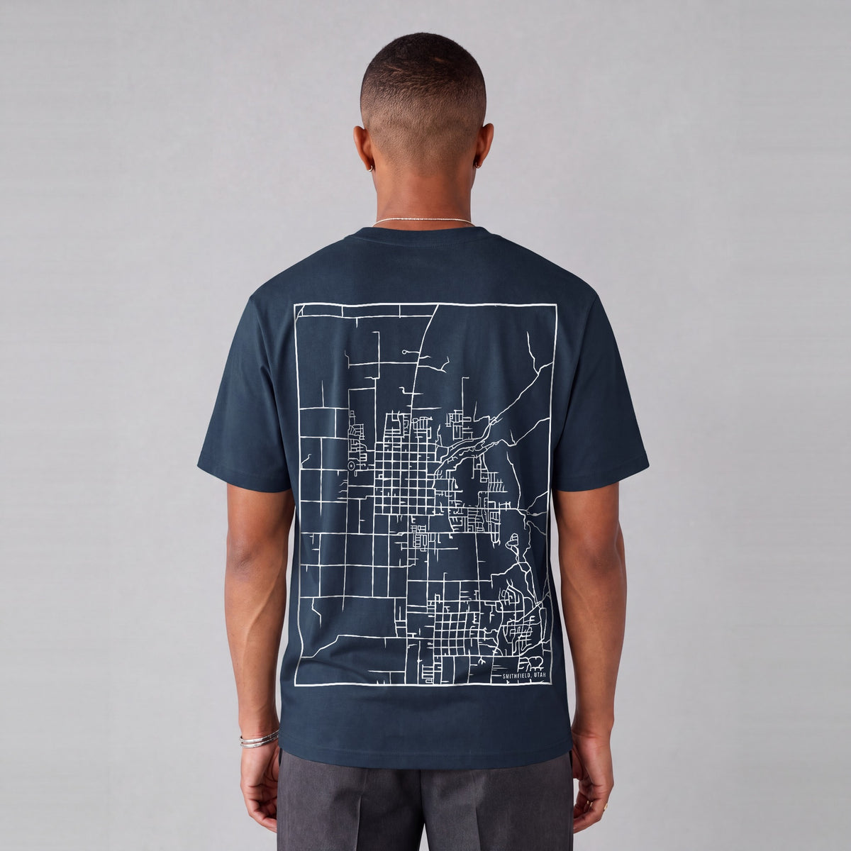 Smithfield map tee, back print on model - Navy Blue