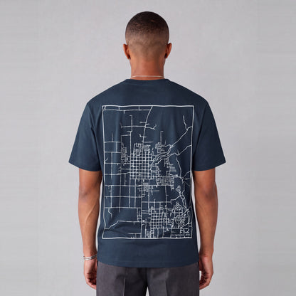 Smithfield map tee, back print on model - Navy Blue
