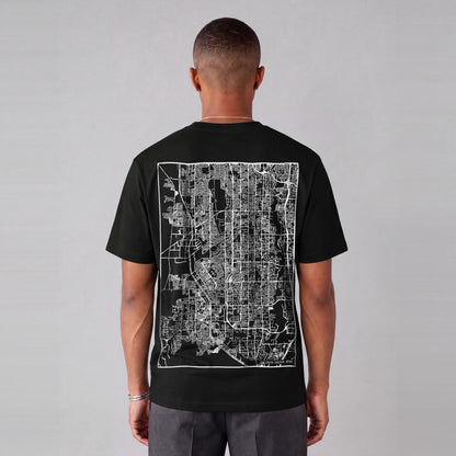 South Jordan map tee, back print on model - Black