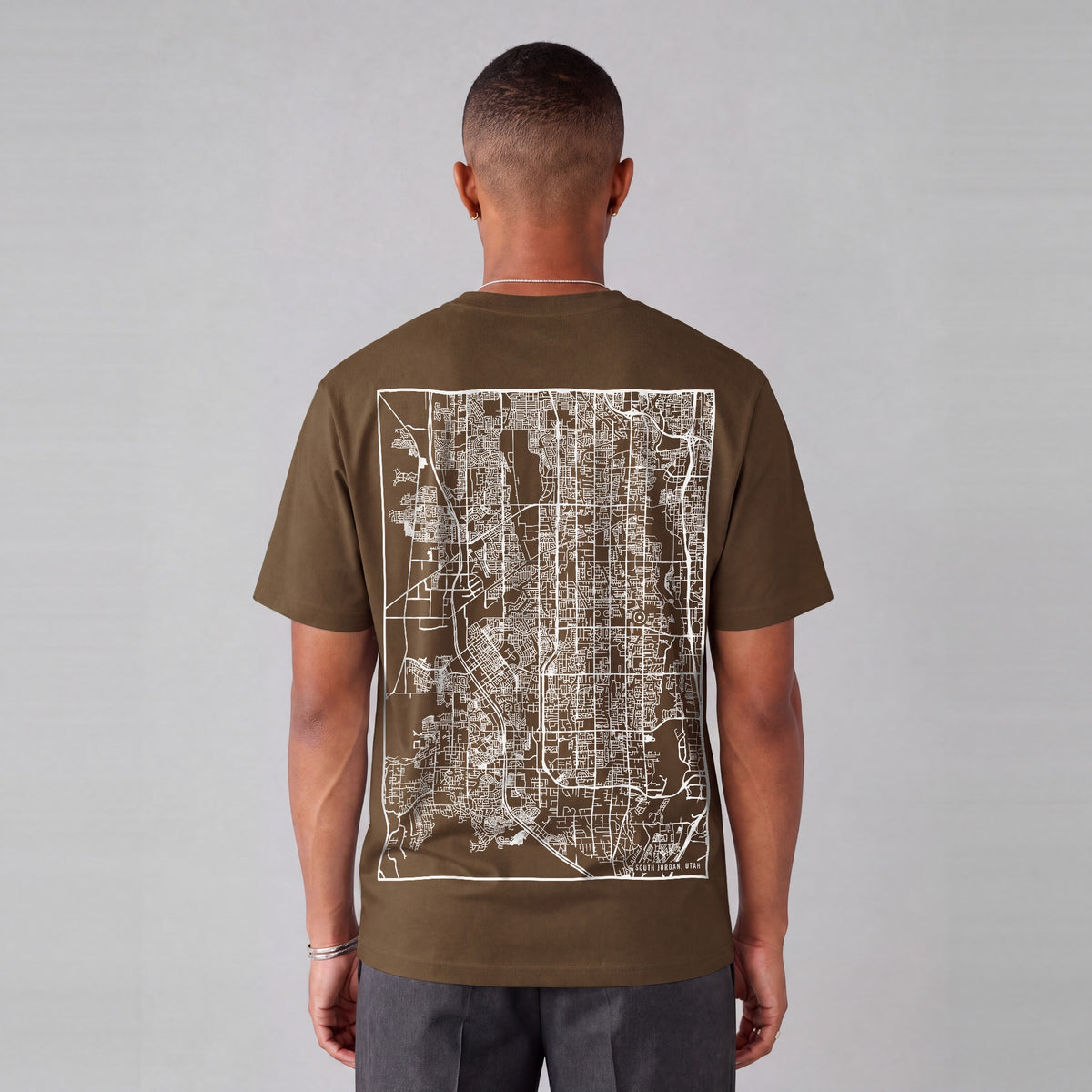 South Jordan map tee, back print on model - Coffee