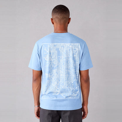 South Jordan map tee, back print on model - Light Blue