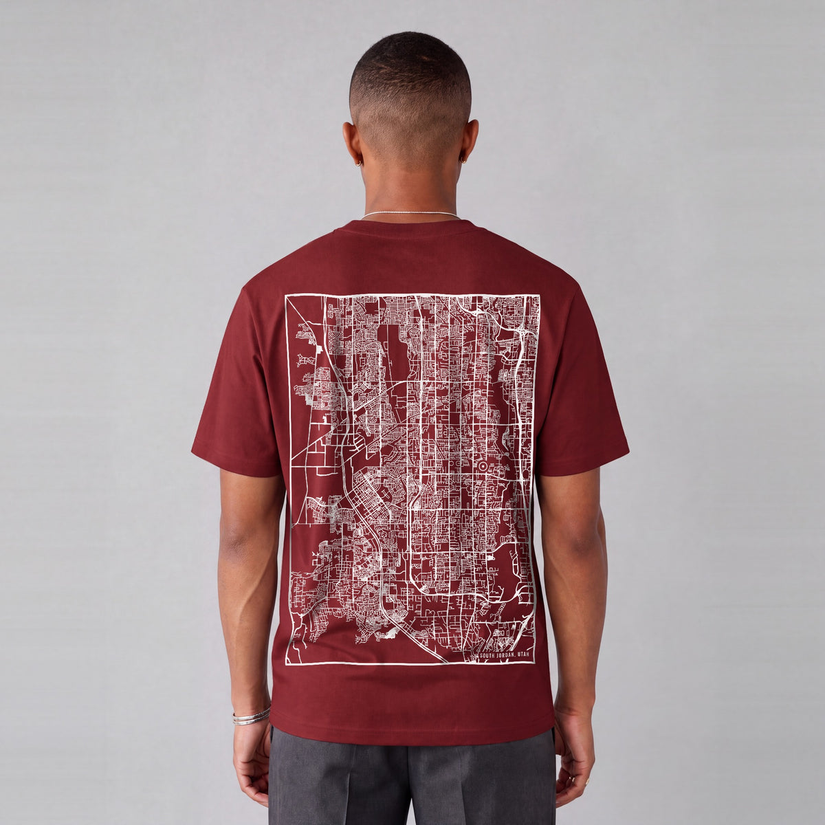 South Jordan map tee, back print on model - Maroon