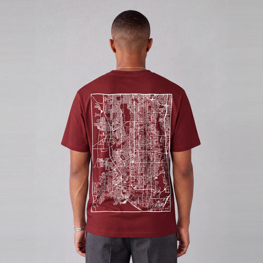 South Jordan map tee, back print on model - Maroon