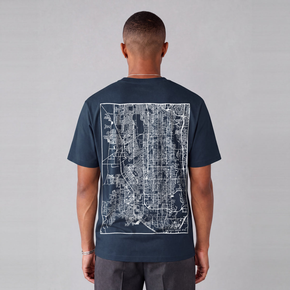 South Jordan map tee, back print on model - Navy Blue