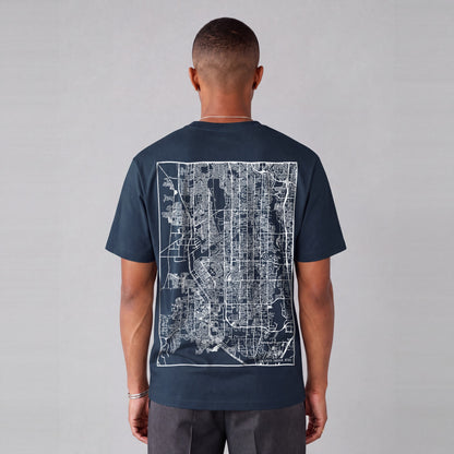 South Jordan map tee, back print on model - Navy Blue