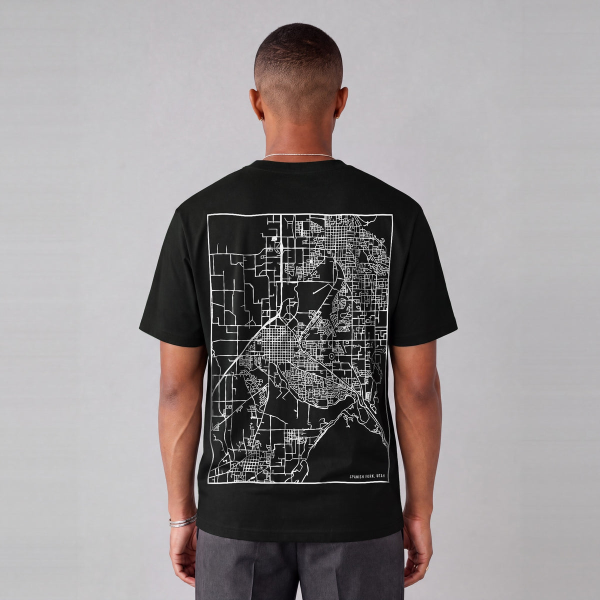 Spanish Fork map tee, back print on model - Black