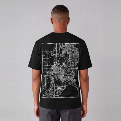 Spanish Fork map tee, back print on model - Black