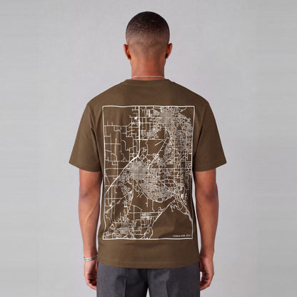 Spanish Fork map tee, back print on model - Coffee