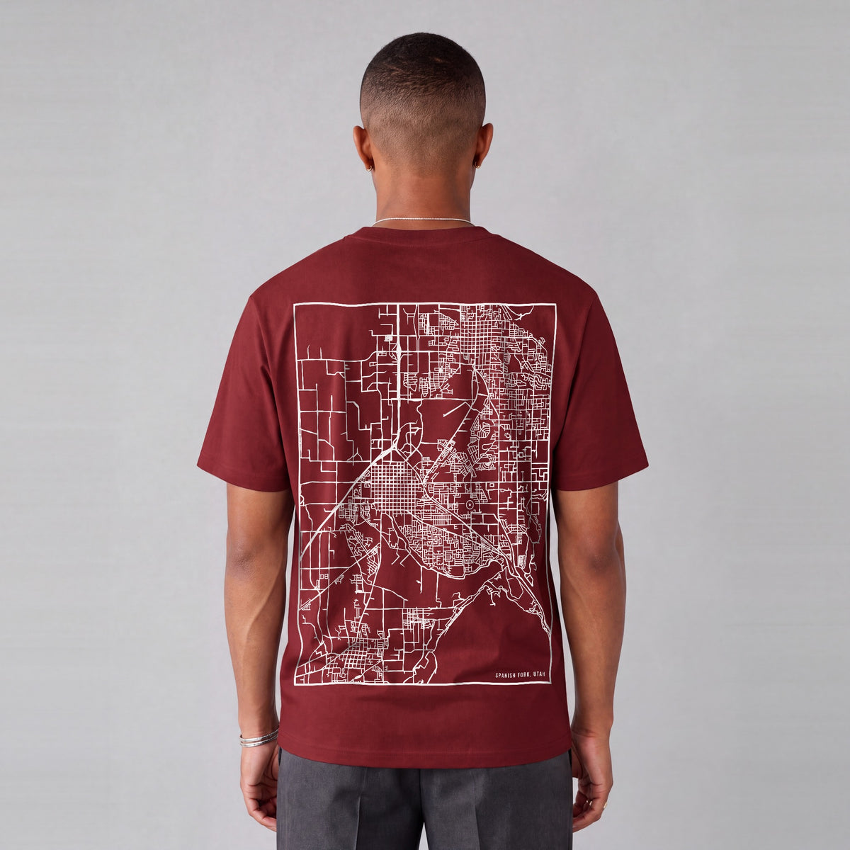 Spanish Fork map tee, back print on model - Maroon