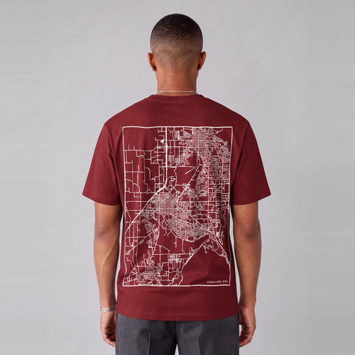 Spanish Fork map tee, back print on model - Maroon