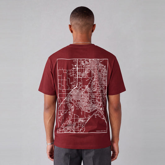 Spanish Fork map tee, back print on model - Maroon