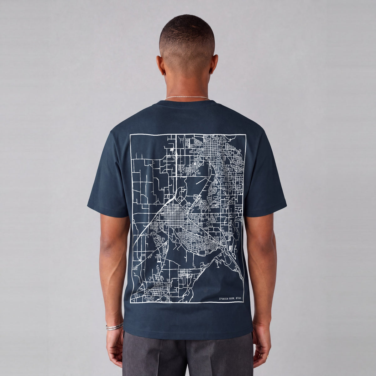 Spanish Fork map tee, back print on model - Navy Blue
