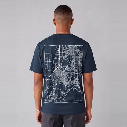 Spanish Fork map tee, back print on model - Navy Blue