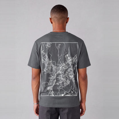 St. George map tee, back print on model - Charcoal