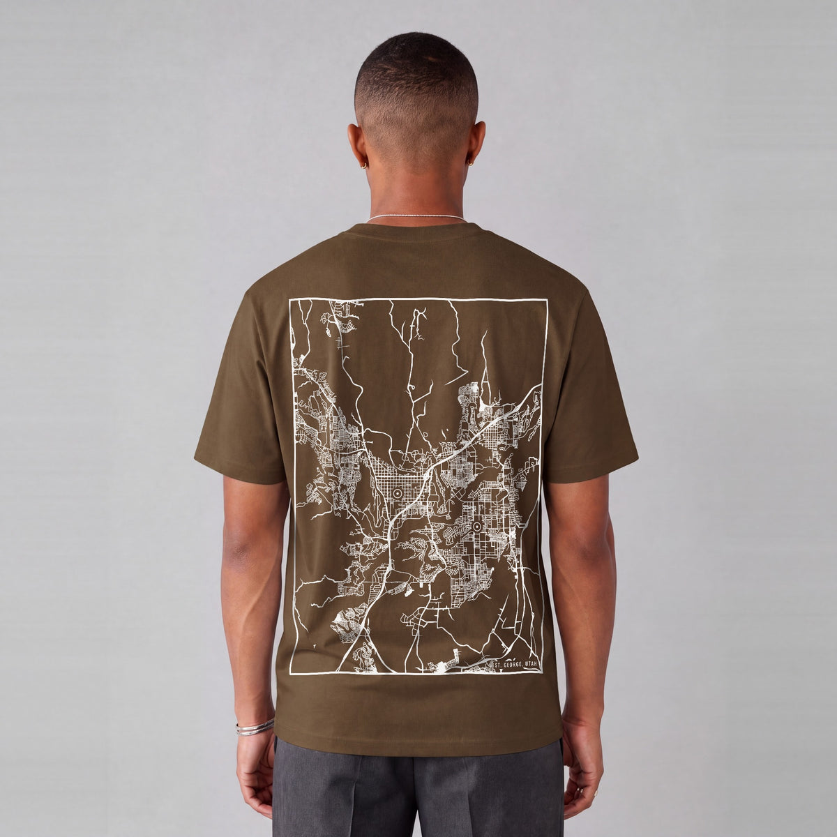 St. George map tee, back print on model - Coffee