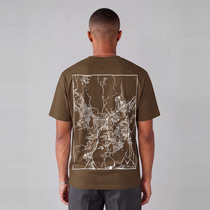 St. George map tee, back print on model - Coffee
