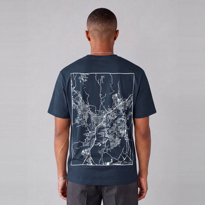 St. George map tee, back print on model - Navy Blue