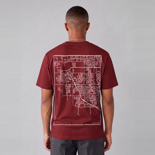 Syracuse map tee, back print on model - Maroon