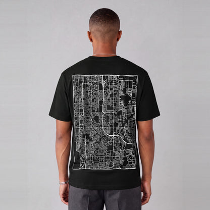Taylorsville map tee, back print on model - Black