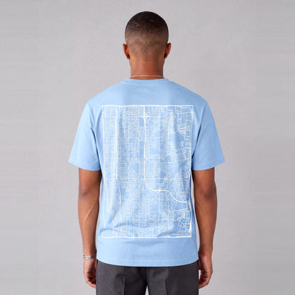 Taylorsville map tee, back print on model - Light Blue