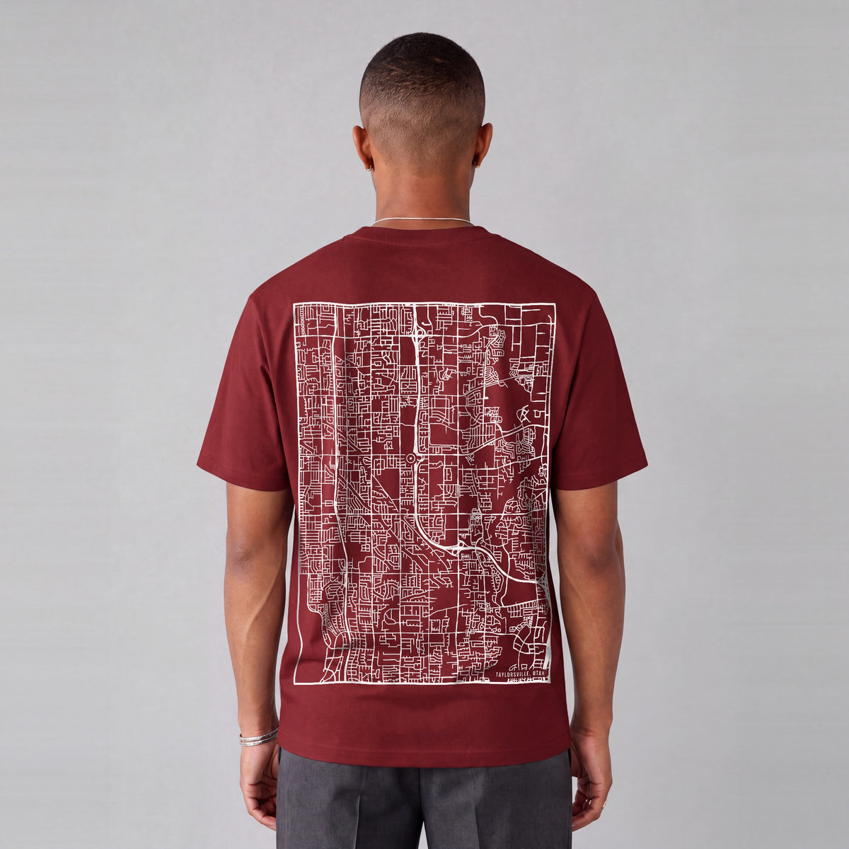 Taylorsville map tee, back print on model - Maroon