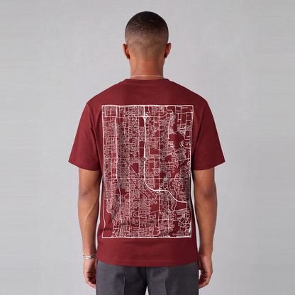 Taylorsville map tee, back print on model - Maroon
