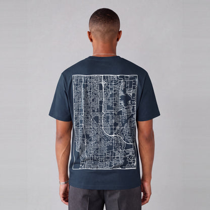 Taylorsville map tee, back print on model - Navy Blue