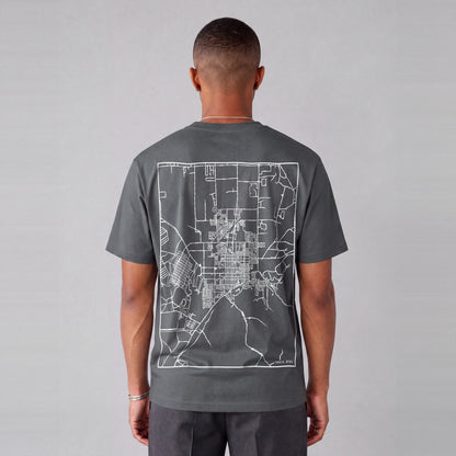 Tooele map tee, back print on model - Charcoal