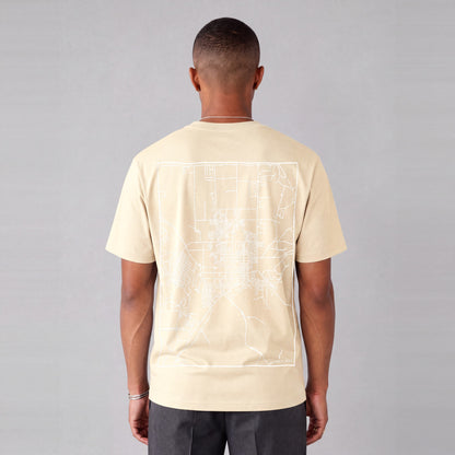 Tooele map tee, back print on model - Cream
