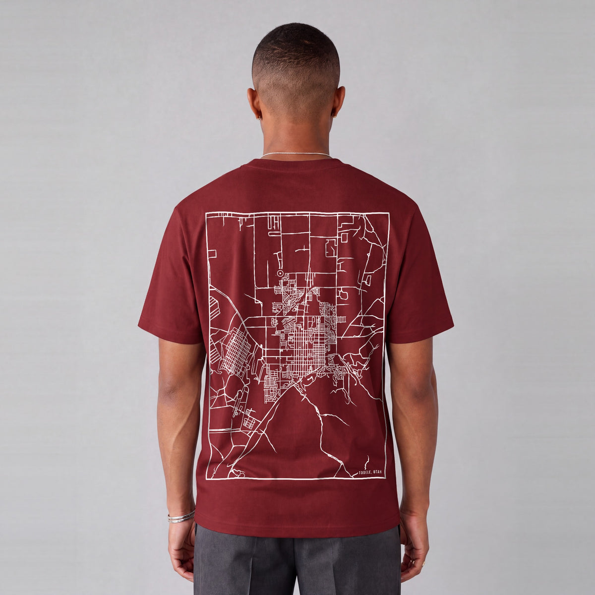 Tooele map tee, back print on model - Maroon