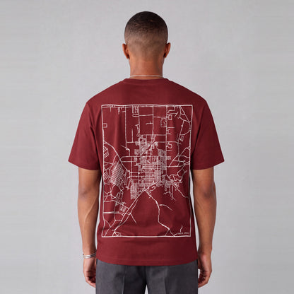 Tooele map tee, back print on model - Maroon