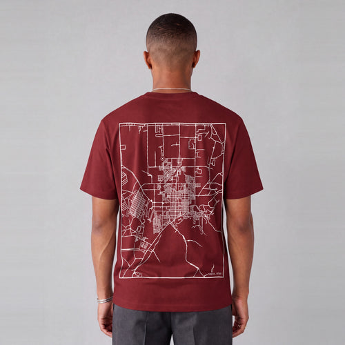 Tooele map tee, back print on model - Maroon