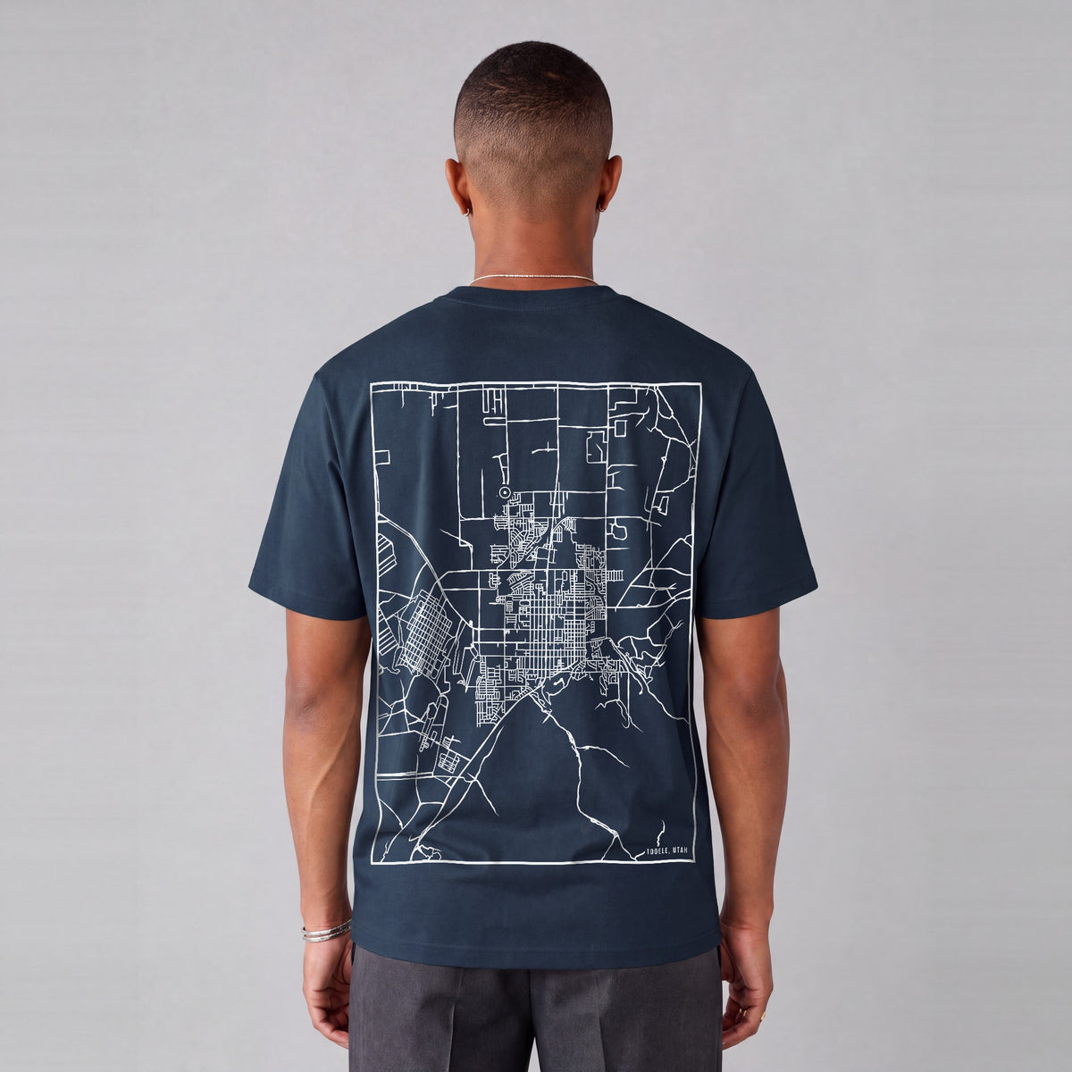Tooele map tee, back print on model - Navy Blue