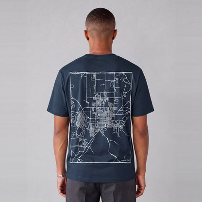 Tooele map tee, back print on model - Navy Blue