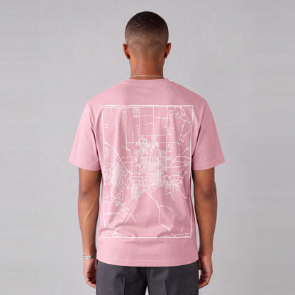Tooele map tee, back print on model - Pink