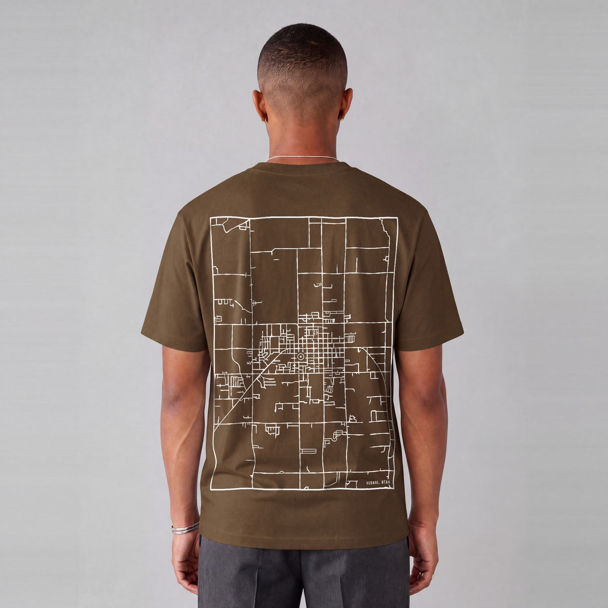 Vernal map tee, back print on model - Coffee