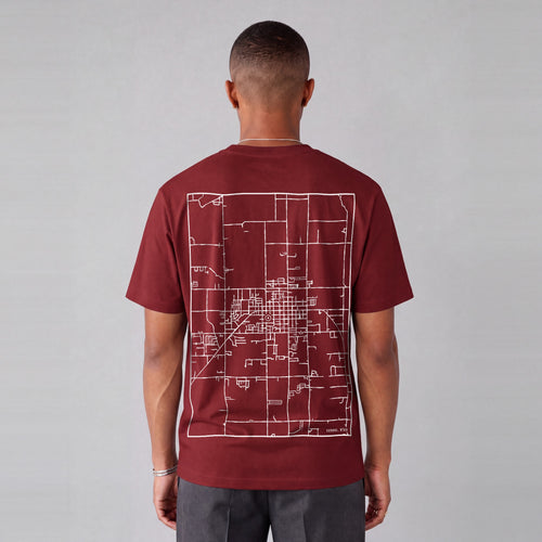 Vernal map tee, back print on model - Maroon