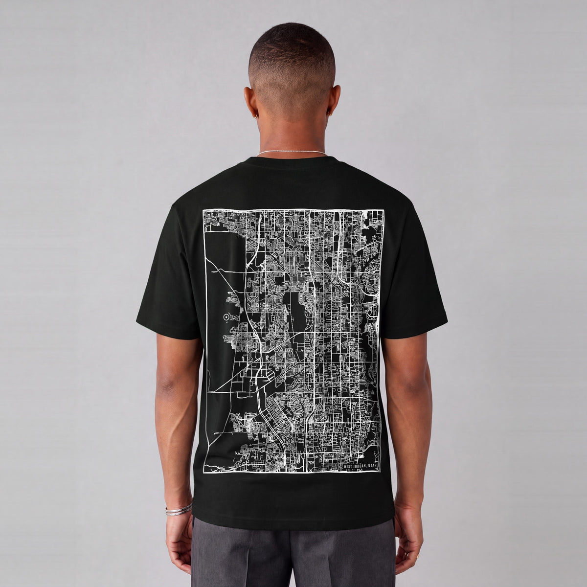 West Jordan map tee, back print on model - Black