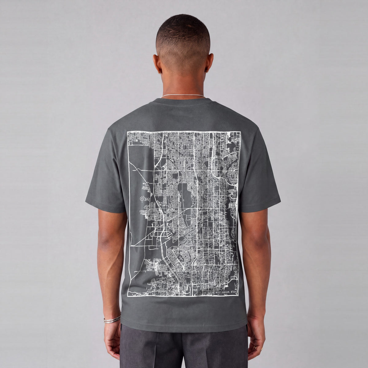 West Jordan map tee, back print on model - Charcoal