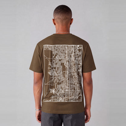 West Jordan map tee, back print on model - Coffee