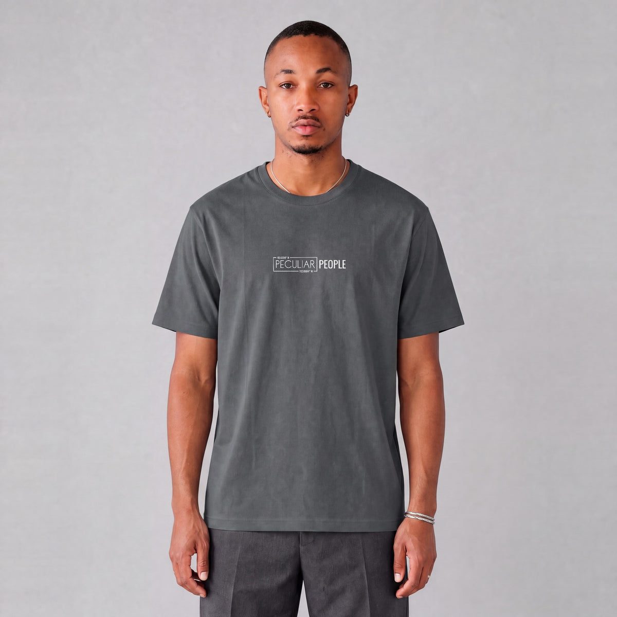 West Jordan map tee, front logo on model - Charcoal