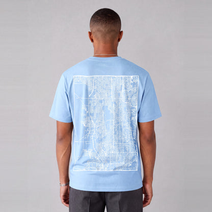 West Jordan map tee, back print on model - Light Blue