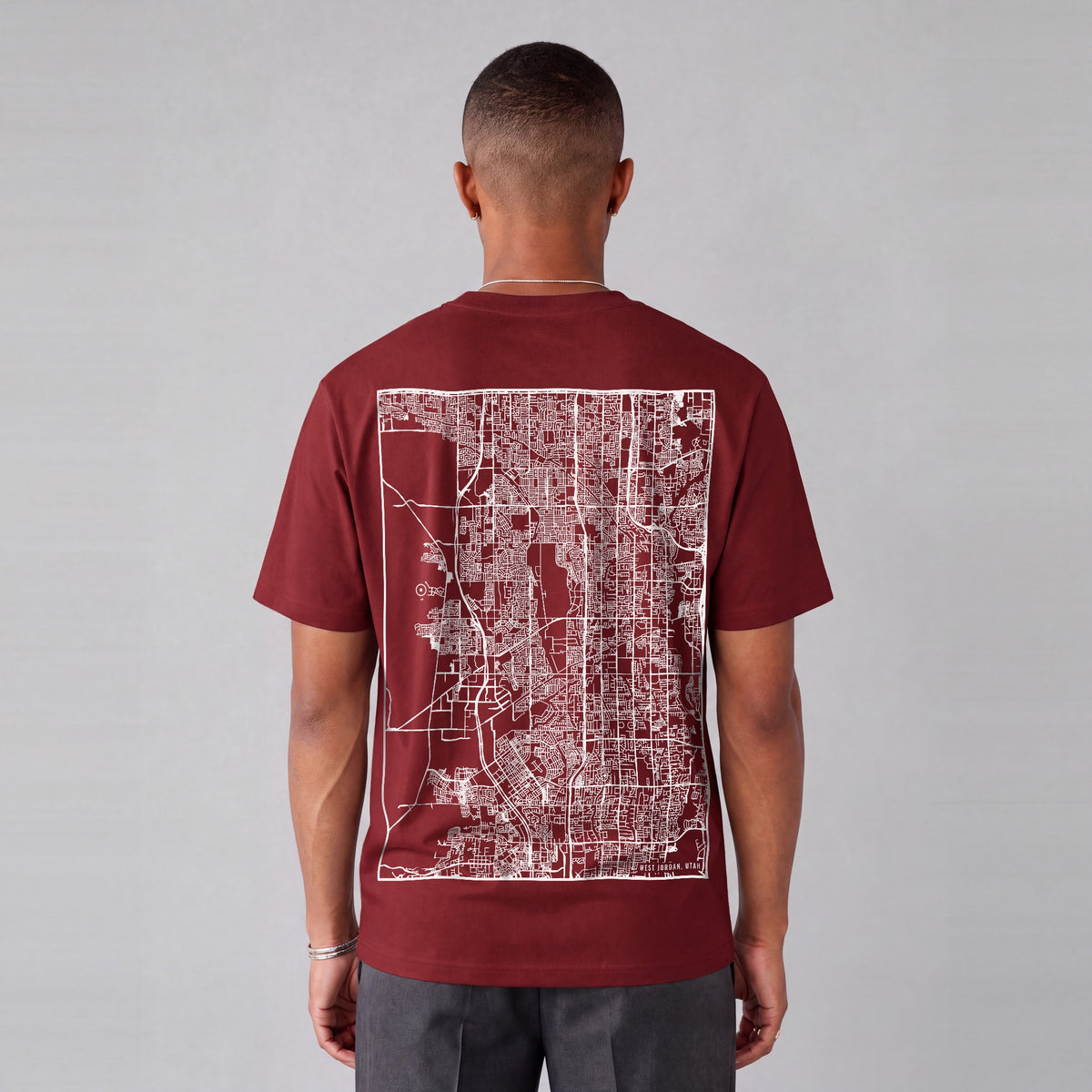 West Jordan map tee, back print on model - Maroon