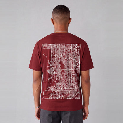 West Jordan map tee, back print on model - Maroon