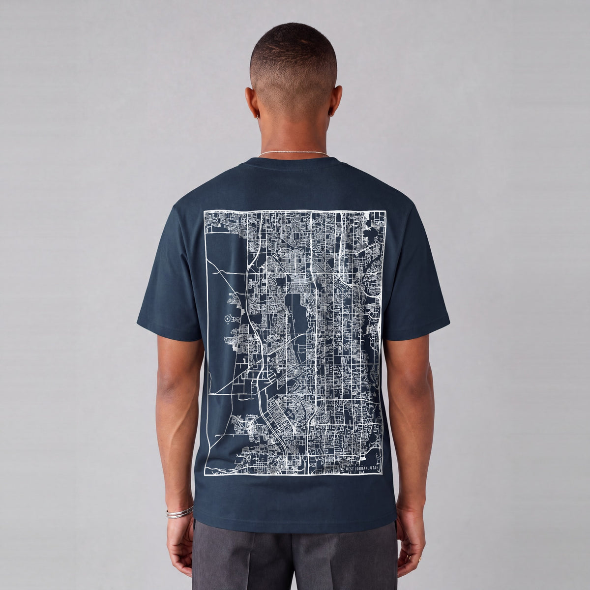 West Jordan map tee, back print on model - Navy Blue