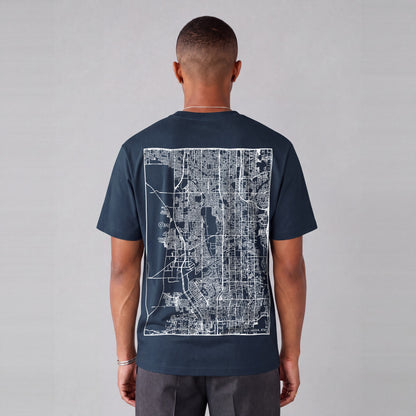 West Jordan map tee, back print on model - Navy Blue