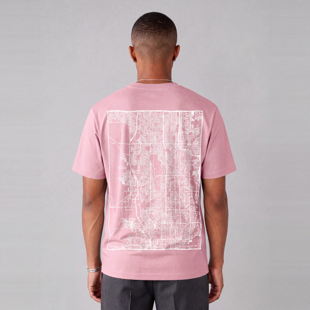 West Jordan map tee, back print on model - Pink