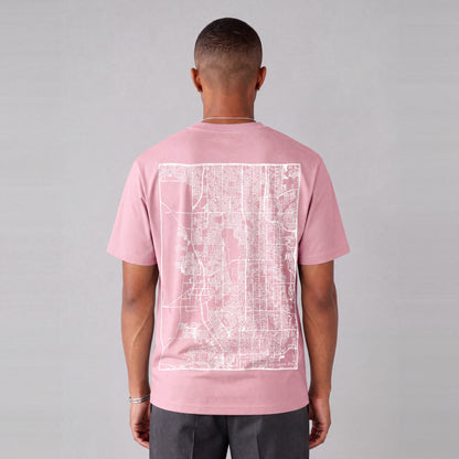 West Jordan map tee, back print on model - Pink