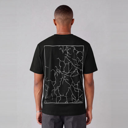 Whitingham map tee, back print on model - Black